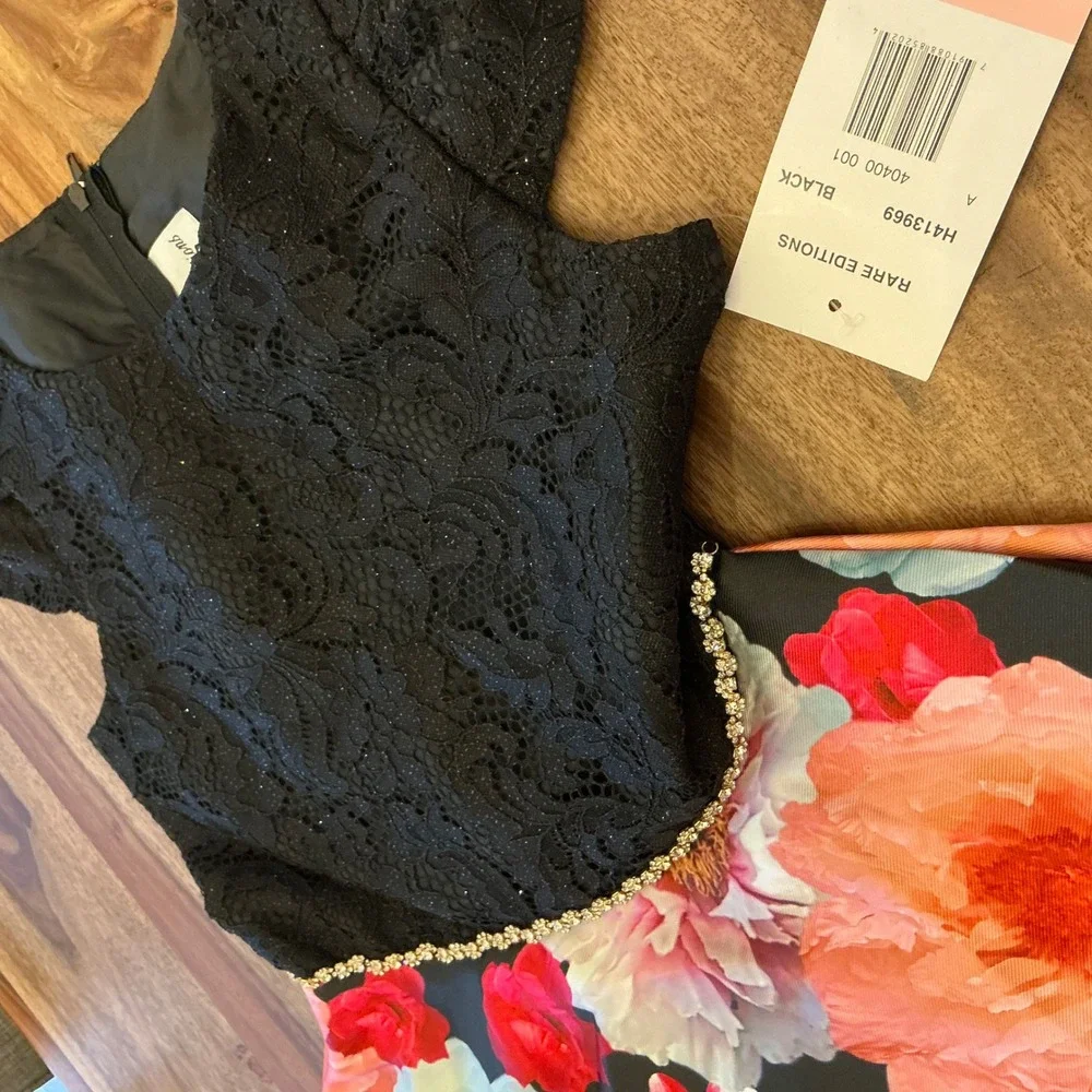 Rare Editions Girls Black Glitter Lace Floral Hi Low‎ Dress Size 10